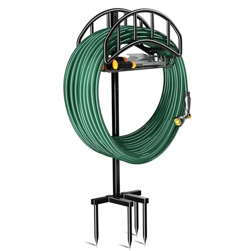 Kesfitt Garden Hose Holder Stand with Tool Storage Basket & 4 Spikes, Detachable Heavy Duty Metal Freestanding Outdoor Organizer for Lawn Yard Water Storage Rack - Image 1