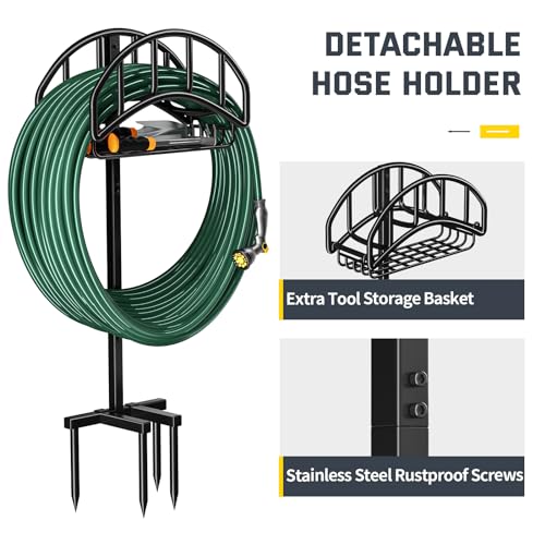 Kesfitt Garden Hose Holder Stand with Tool Storage Basket & 4 Spikes, Detachable Heavy Duty Metal Freestanding Outdoor Organizer for Lawn Yard Water Storage Rack - Image 3