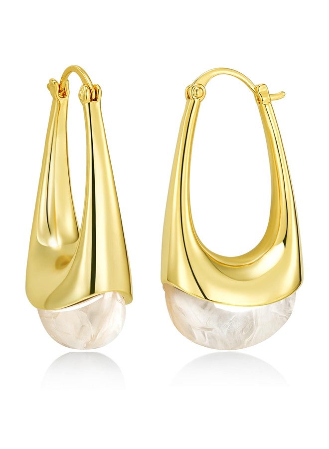 SNGIA Long Oval Chunky Dangle 18K gold plated Hoops with Colored Resin Gemstone Statement Earrings for Women by SNGIA, (Green, Brown, Blue, Pink, White, Cream), Bold Drop Handmade Exaggerated - Image 1