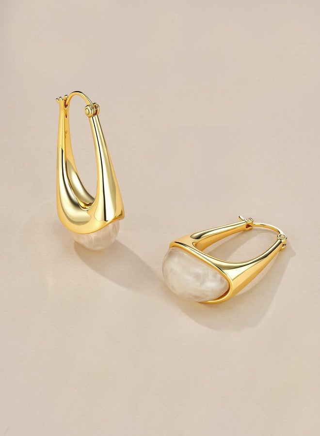 SNGIA Long Oval Chunky Dangle 18K gold plated Hoops with Colored Resin Gemstone Statement Earrings for Women by SNGIA, (Green, Brown, Blue, Pink, White, Cream), Bold Drop Handmade Exaggerated - Image 3