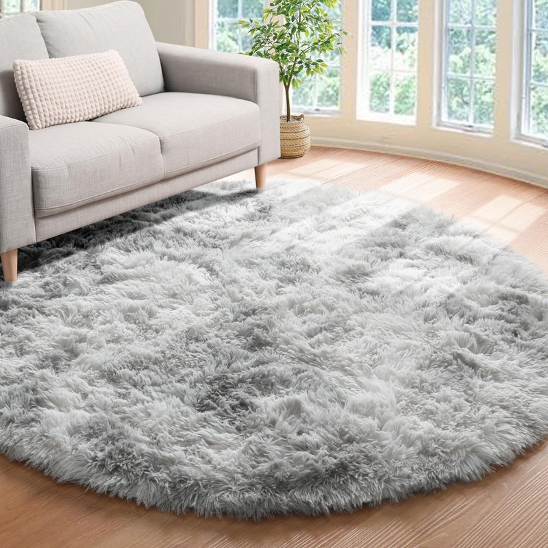 ONASAR Tie-Dyed Light Grey Round Area Rug 6ft  Ultra Soft Bedroom Circle Rugs for Kids Girls Teen Room  Fluffy Plush Shaggy Carpet Floor Mats for Baby Nursery Living Room Playroom Home Decor - Image 1