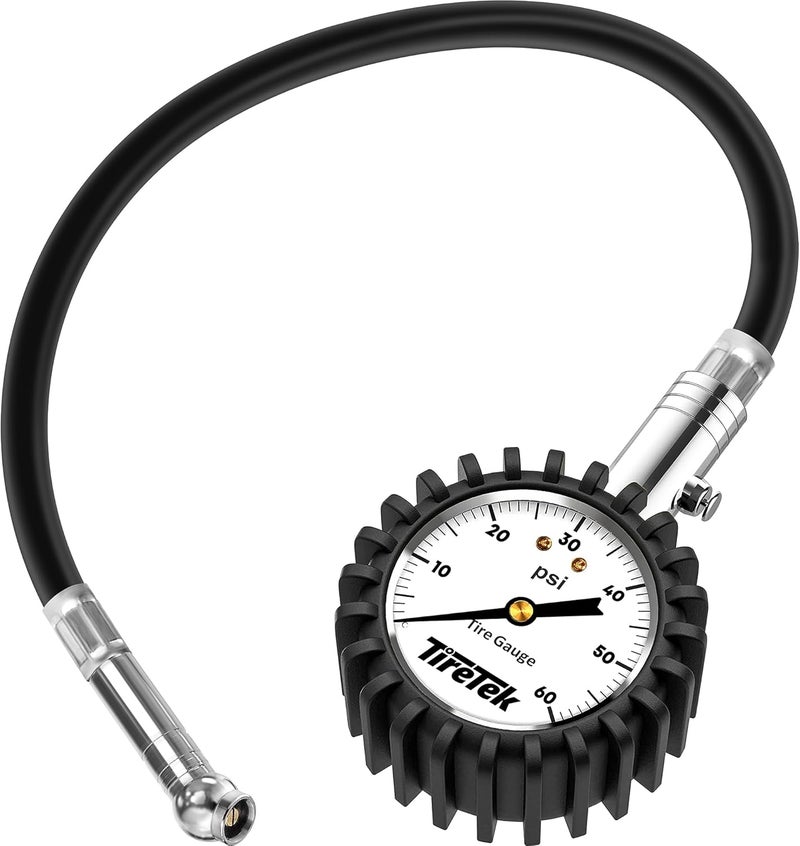 TireTek Tire Pressure Gauge for Cars and Trucks (60 PSI, ANSI Certified) - Air Pressure Gauge for Tires, Motorcycle & SUV with Flexible Air Chuck - Easy to Read Analog Circular Dial Low PSI Checker - Image 1