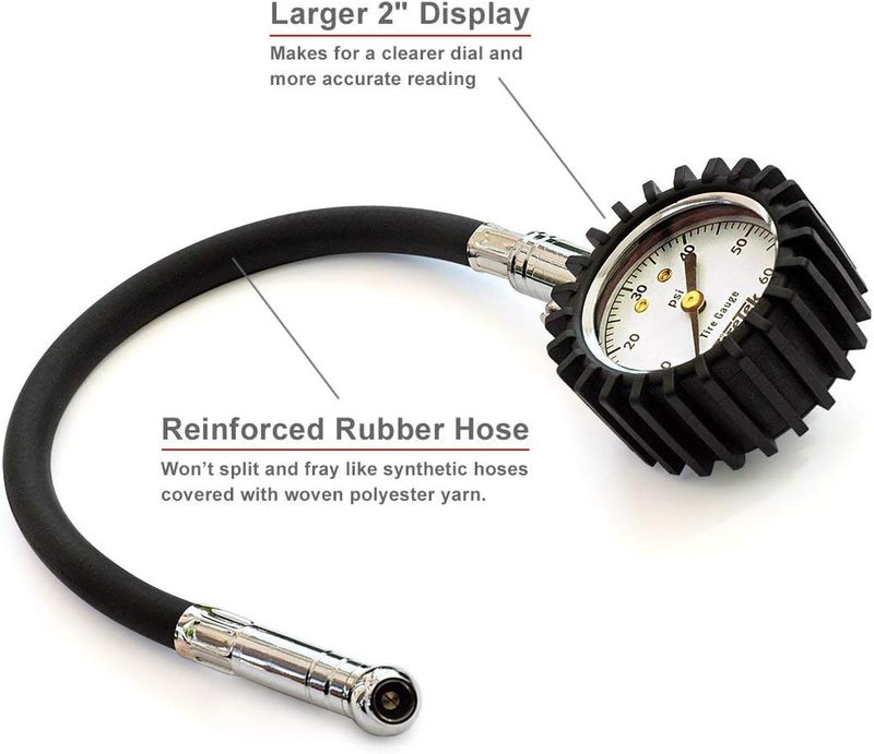 TireTek Tire Pressure Gauge for Cars and Trucks (60 PSI, ANSI Certified) - Air Pressure Gauge for Tires, Motorcycle & SUV with Flexible Air Chuck - Easy to Read Analog Circular Dial Low PSI Checker - Image 2