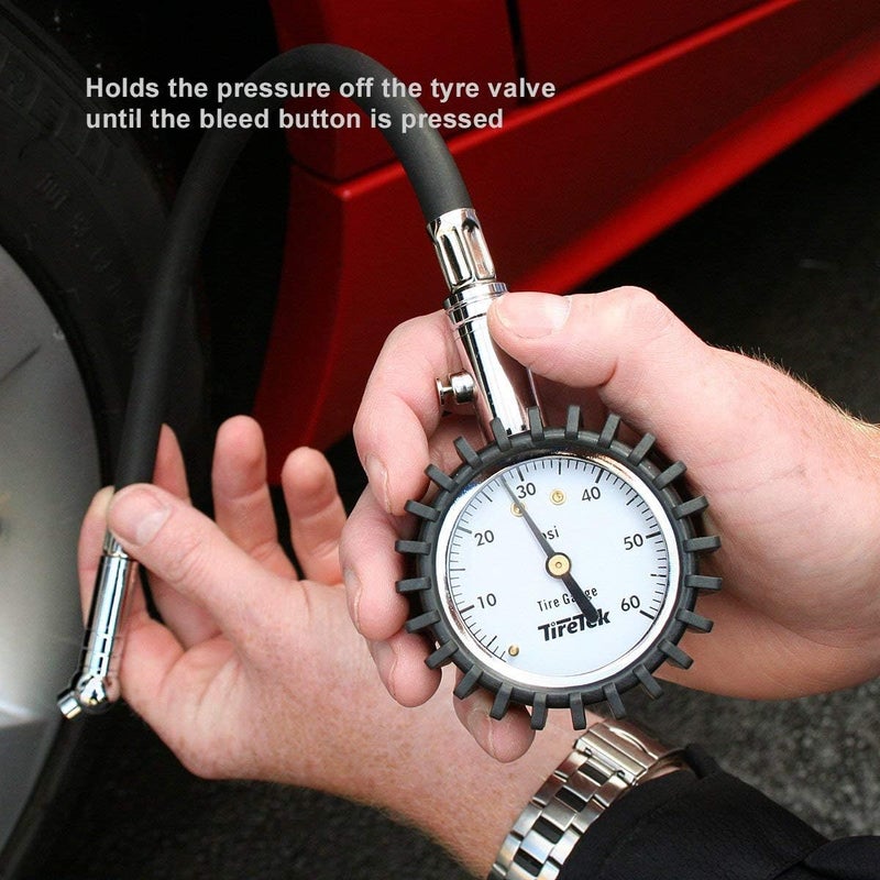 TireTek Tire Pressure Gauge for Cars and Trucks (60 PSI, ANSI Certified) - Air Pressure Gauge for Tires, Motorcycle & SUV with Flexible Air Chuck - Easy to Read Analog Circular Dial Low PSI Checker - Image 5
