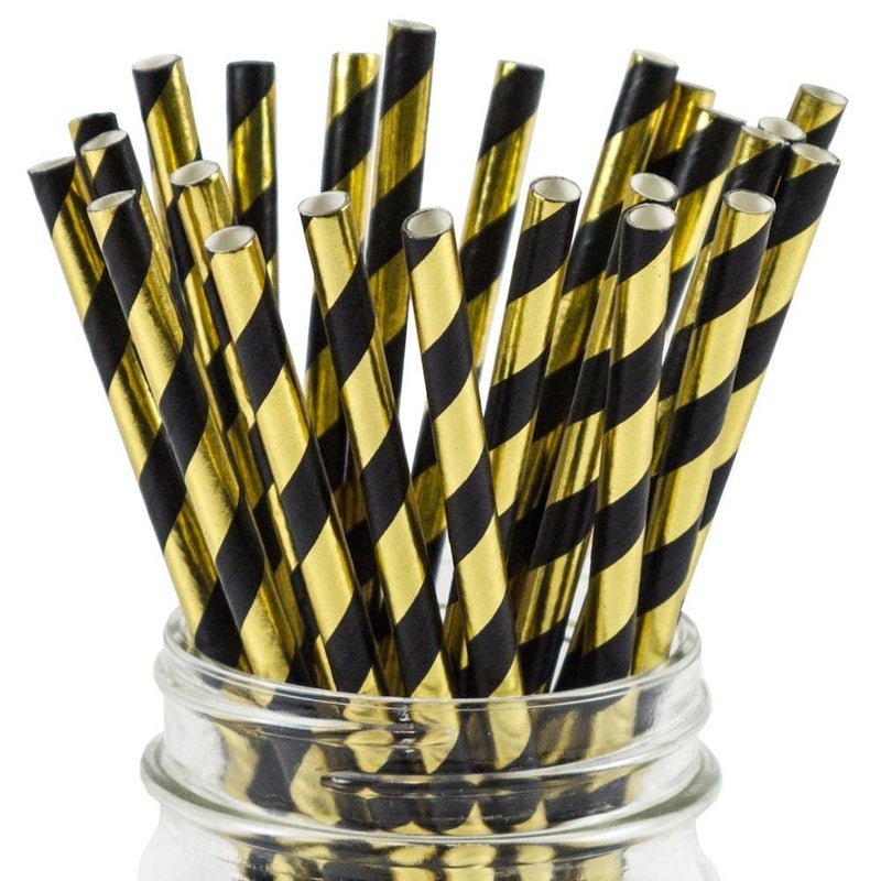 BOFA Eco Tableware Disposable Black Gold Striped Paper Straws - 100 Pack Biodegradable Black and Gold Stripes Cocktail Drinking Straws for Holloween  Birthday Party Suppliers Decoration - Image 1