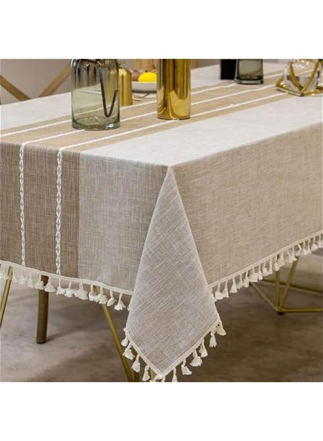 ميكسد مفرش طاولة من توريسيك، مفرش طاولة مطرز بنمط مربعات من القطن والكتان خالٍ من التجاعيد ومضاد للبهتان لتزيين المطبخ وحفلات العشاء والكريسماس، 55 × 102 انش (بني مخطط) - Image 1