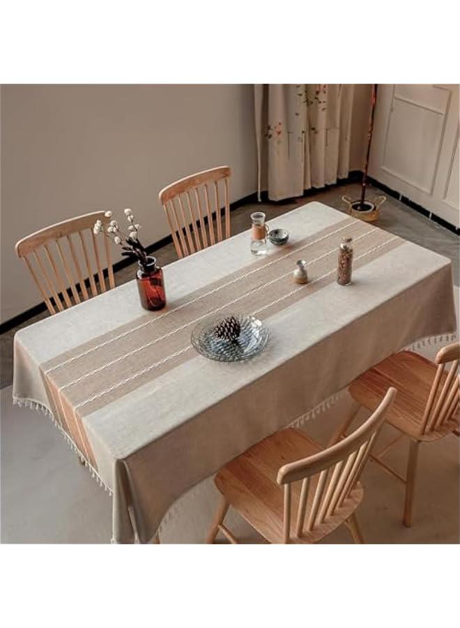 ميكسد مفرش طاولة من توريسيك، مفرش طاولة مطرز بنمط مربعات من القطن والكتان خالٍ من التجاعيد ومضاد للبهتان لتزيين المطبخ وحفلات العشاء والكريسماس، 55 × 102 انش (بني مخطط) - Image 2