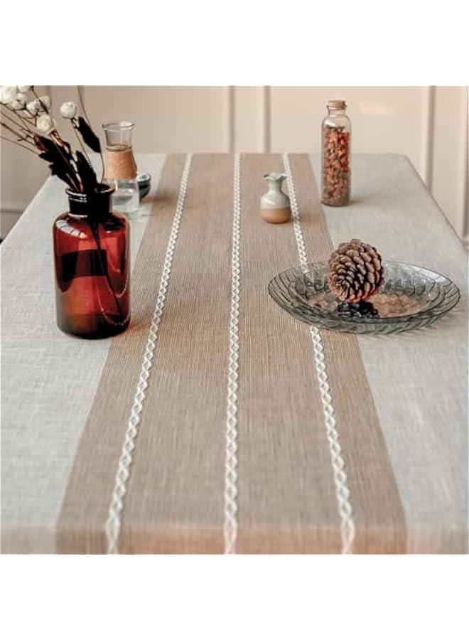 ميكسد مفرش طاولة من توريسيك، مفرش طاولة مطرز بنمط مربعات من القطن والكتان خالٍ من التجاعيد ومضاد للبهتان لتزيين المطبخ وحفلات العشاء والكريسماس، 55 × 102 انش (بني مخطط) - Image 3