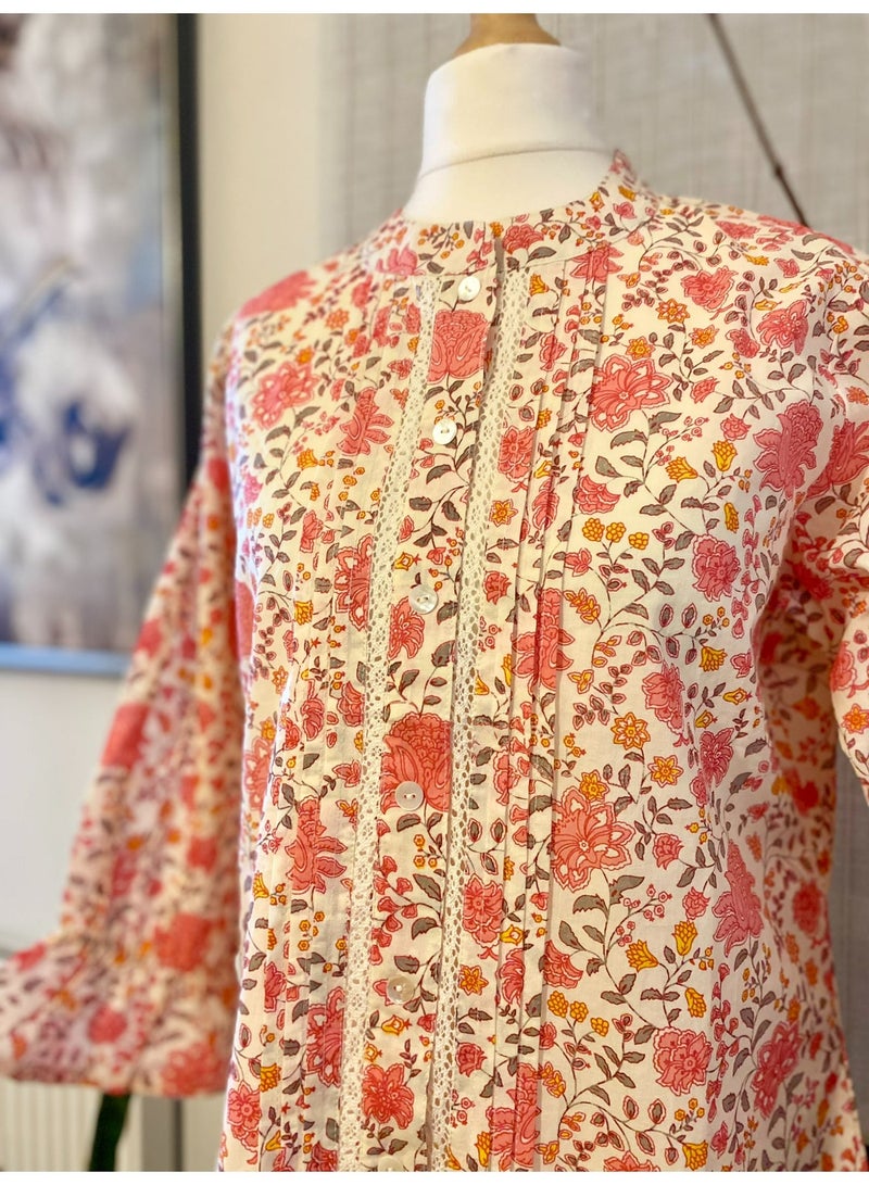 Women's Floral Pure Cotton Tunic Top with 3/4 Sleeves and Band Collar - Image 1