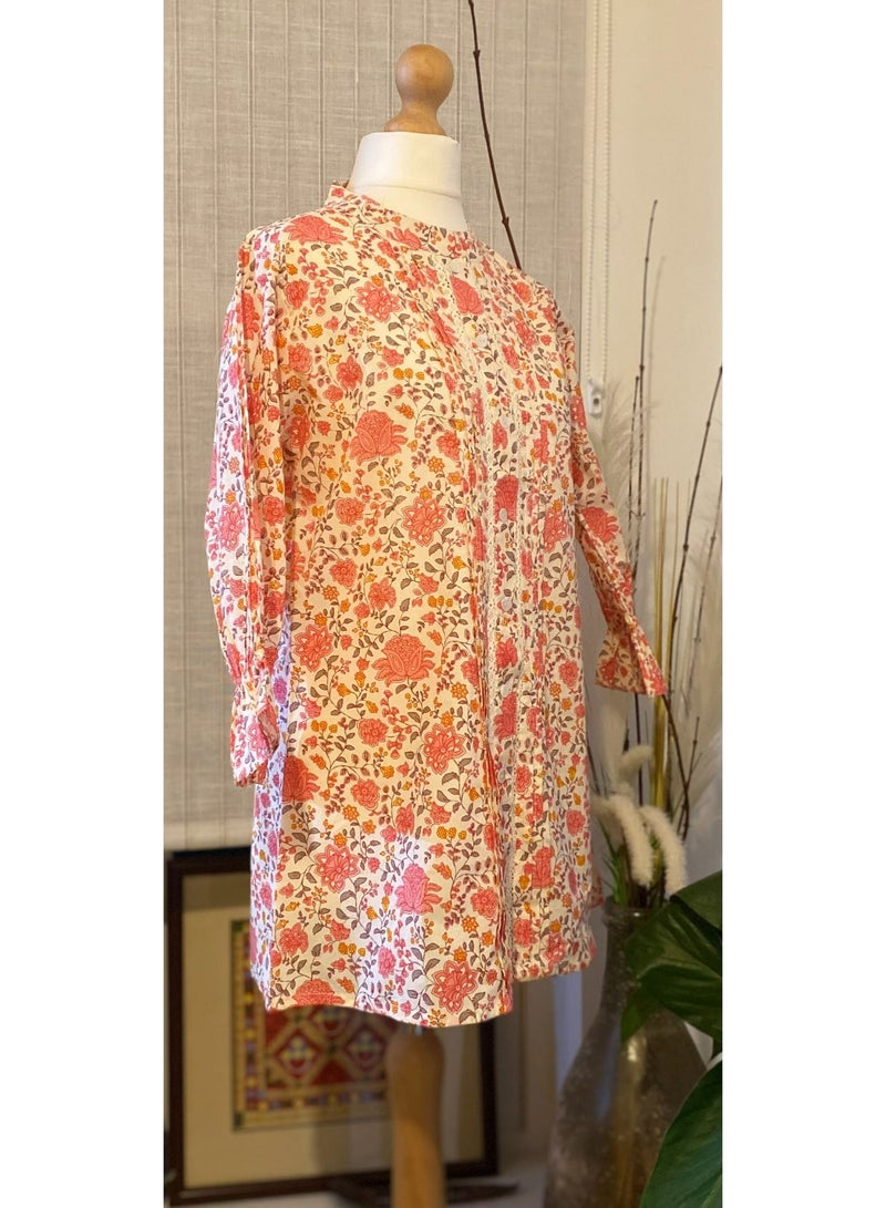 Women's Floral Pure Cotton Tunic Top with 3/4 Sleeves and Band Collar - Image 2