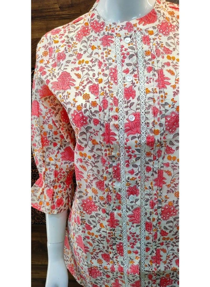 Women's Floral Pure Cotton Tunic Top with 3/4 Sleeves and Band Collar - Image 3