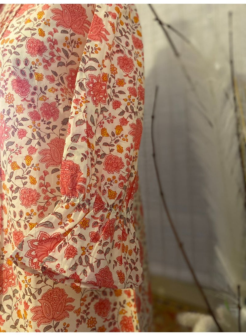Women's Floral Pure Cotton Tunic Top with 3/4 Sleeves and Band Collar - Image 4