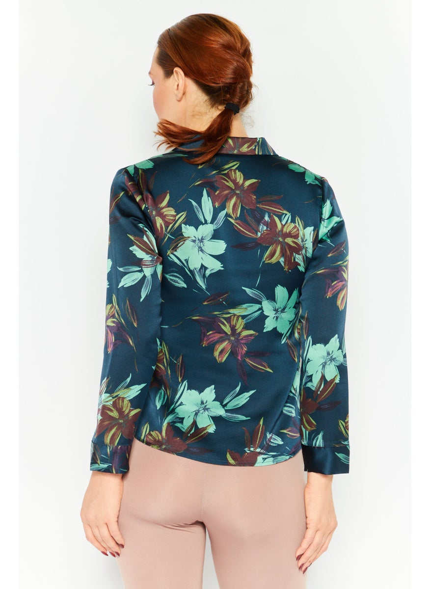 Etam Women Floral Print Full Sleeves Pajama Shirt, Navy Combo  - Image 4