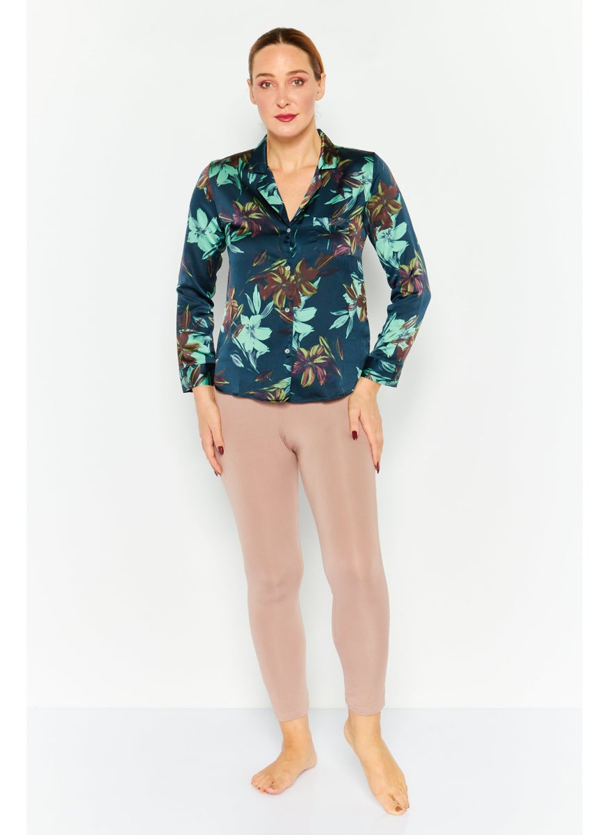 Etam Women Floral Print Full Sleeves Pajama Shirt, Navy Combo  - Image 2