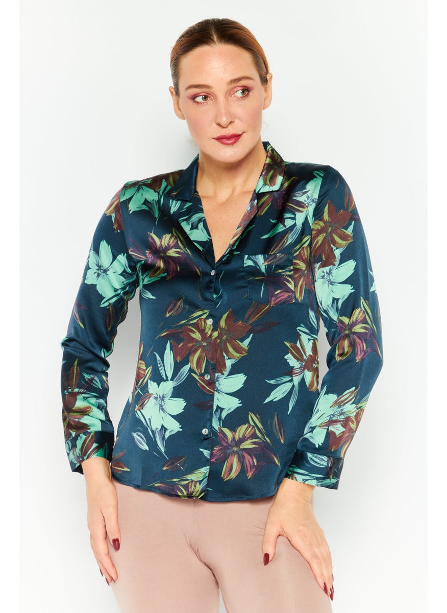 Etam Women Floral Print Full Sleeves Pajama Shirt, Navy Combo  - Image 1