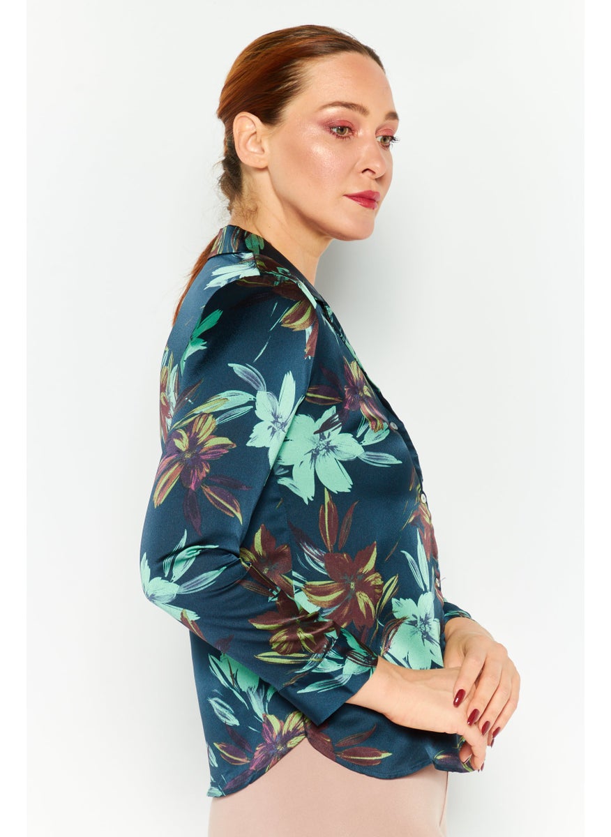 Etam Women Floral Print Full Sleeves Pajama Shirt, Navy Combo  - Image 3