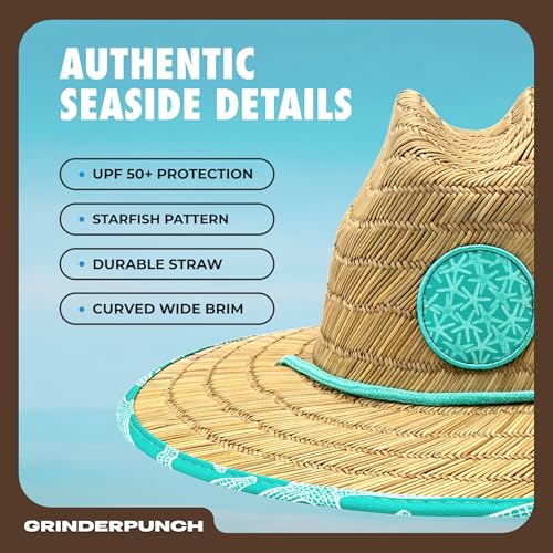 grinderPUNCH Lifeguard Hat Mens Straw Sun Hat for Beach, Outdoor, and Travel | UPF 50+ Sun Protection | Wide Brim Straw Beach Hat | Classic Sun Hat for Men and Women (Teal Starfish) - Image 3