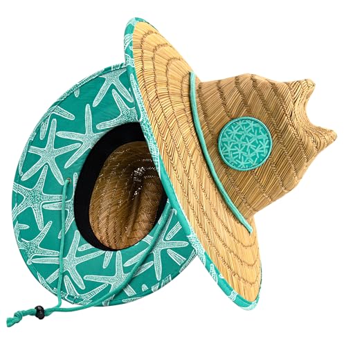 grinderPUNCH Lifeguard Hat Mens Straw Sun Hat for Beach, Outdoor, and Travel | UPF 50+ Sun Protection | Wide Brim Straw Beach Hat | Classic Sun Hat for Men and Women (Teal Starfish) - Image 1