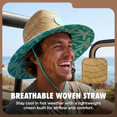grinderPUNCH Lifeguard Hat Mens Straw Sun Hat for Beach, Outdoor, and Travel | UPF 50+ Sun Protection | Wide Brim Straw Beach Hat | Classic Sun Hat for Men and Women (Teal Starfish) - Image 4