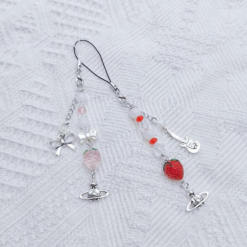 cioatu Cute Y2K Phone Charm Aesthetic Cellphone Chain Strap Lanyard For Phone Pink Strawberry Butterfly PhoneCharms for Bag Keychain Airpods Camera (2PCS Strawberries) - Image 3