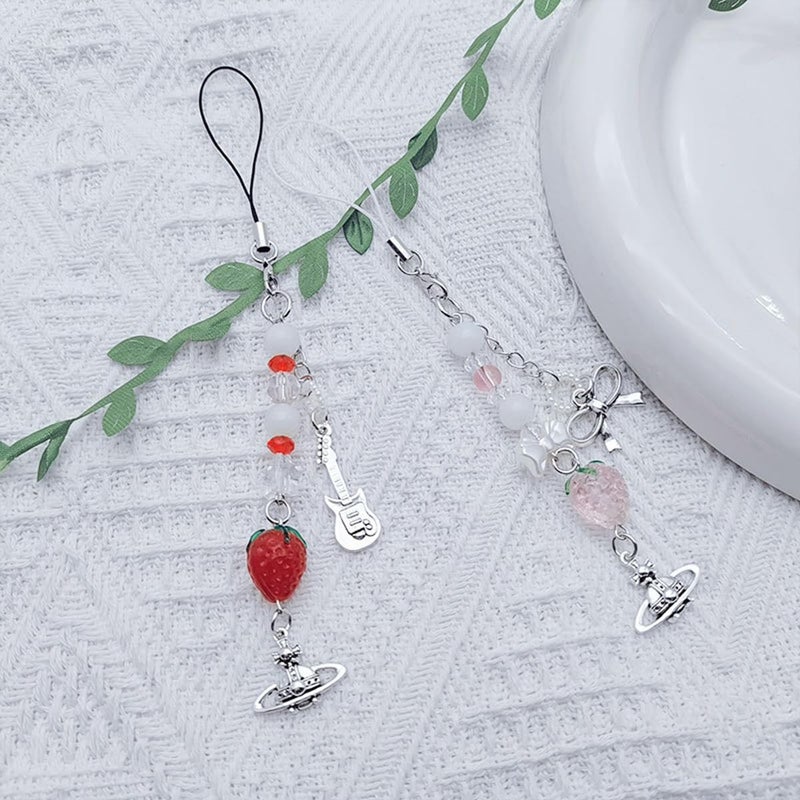 cioatu Cute Y2K Phone Charm Aesthetic Cellphone Chain Strap Lanyard For Phone Pink Strawberry Butterfly PhoneCharms for Bag Keychain Airpods Camera (2PCS Strawberries) - Image 2