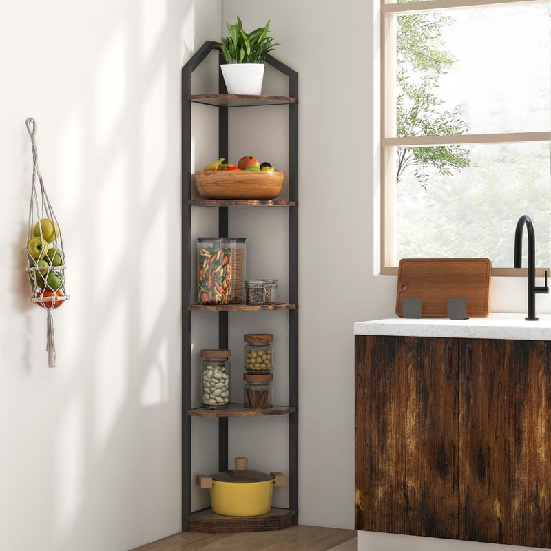 Fun Memories 5 Tier Corner Shelf, 70â€ Corner Shelf Stand, Corner Bookshelf Plant Stand, Storage Shelf for Bathroom, Living Room, Kitchen,Home Office, Brown - Image 5
