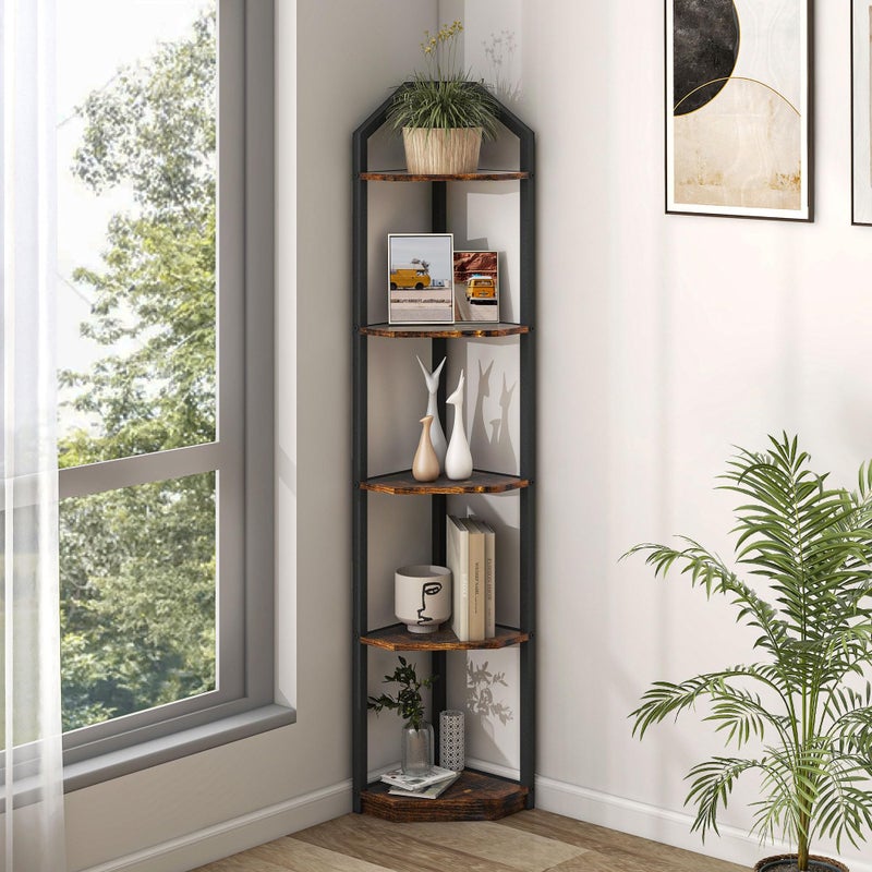 Fun Memories 5 Tier Corner Shelf, 70â€ Corner Shelf Stand, Corner Bookshelf Plant Stand, Storage Shelf for Bathroom, Living Room, Kitchen,Home Office, Brown - Image 1