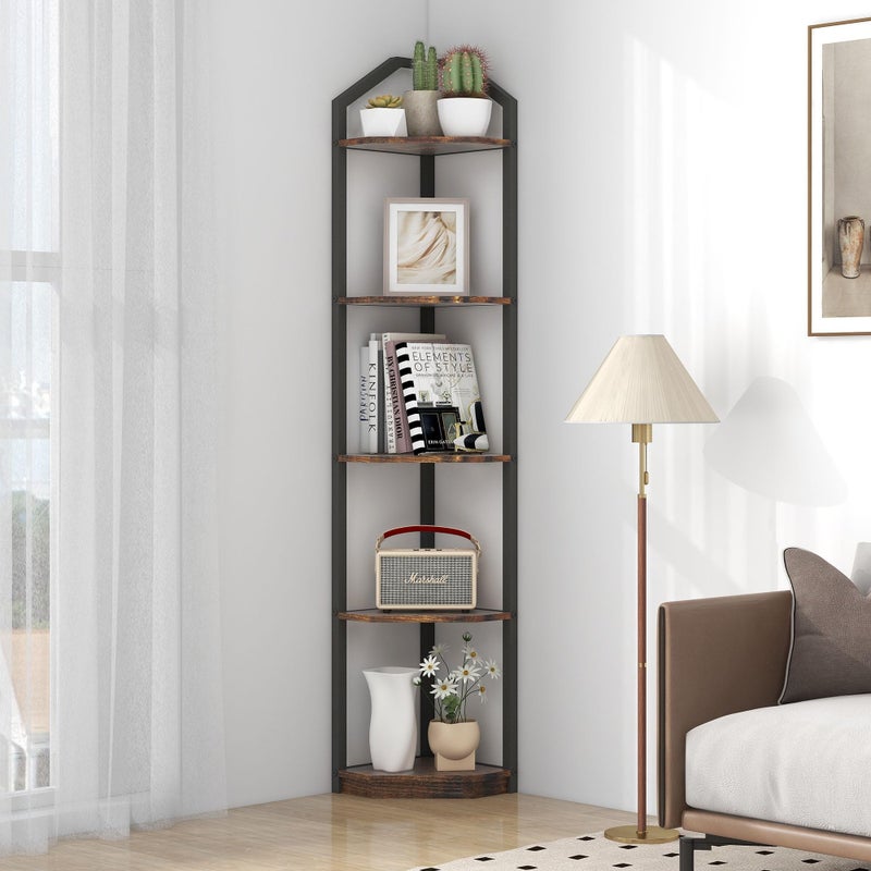 Fun Memories 5 Tier Corner Shelf, 70â€ Corner Shelf Stand, Corner Bookshelf Plant Stand, Storage Shelf for Bathroom, Living Room, Kitchen,Home Office, Brown - Image 2