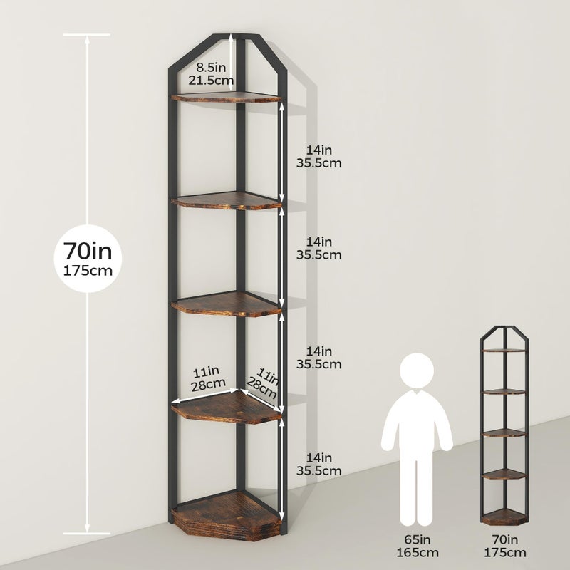 Fun Memories 5 Tier Corner Shelf, 70â€ Corner Shelf Stand, Corner Bookshelf Plant Stand, Storage Shelf for Bathroom, Living Room, Kitchen,Home Office, Brown - Image 3