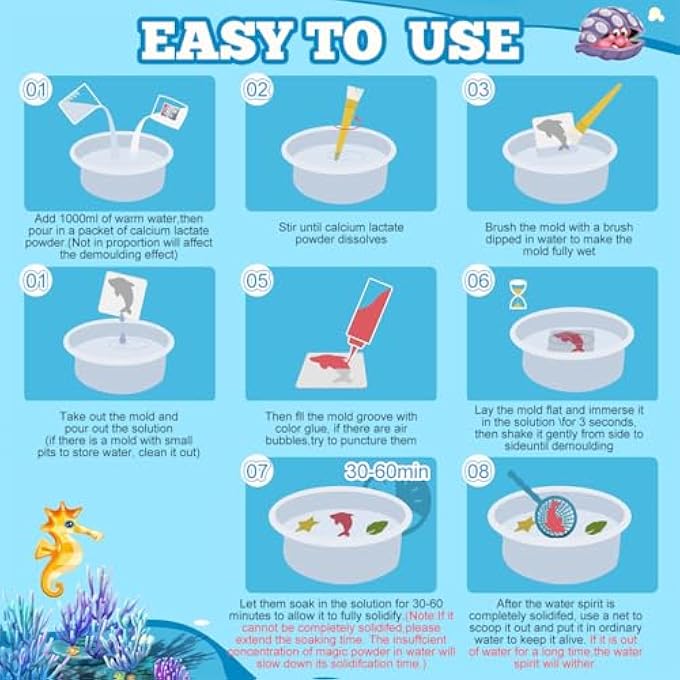 ® MAGIC WATER ELF ART CRAFT KIT, DIY WATER PET MAKING KIT WITH 4 LIQUID PIGMENT SQUEEZE BOTTLES, 6PCS CARTOON ANIMAL WATER PET MOLDS, STIRRING STICK & ACCESSORIES. - Image 4