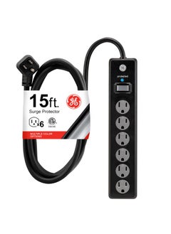 GE GE 6-Outlet Surge Protector, 15 Ft Extension Cord, Power Strip, 800 Joules, Flat Plug, Twist-to-Close Safety Covers, Protected Indicator Light, UL Listed, Black, 50767  - Image 1
