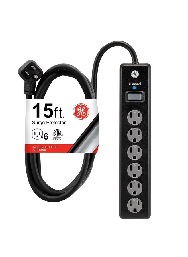 جي إي واقي التيار الزائد من GE بستة منافذ، سلك تمديد بطول 15 قدمًا، شريط طاقة، 800 جول، قابس مسطح، أغطية أمان ملتوية للإغلاق، ضوء مؤشر محمي، مُدرج في قائمة UL، أسود، 50767 - Image 1