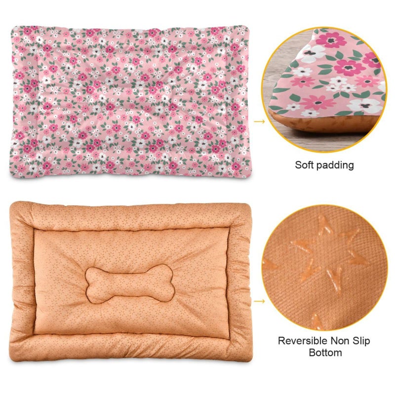 Coikll Pink Floral Pet Bed Pad Soft Dog Bed Mat with Anti-Slip Bottom, Machine Washable Crate Pad Mattress for Dog Sleeping - Image 2