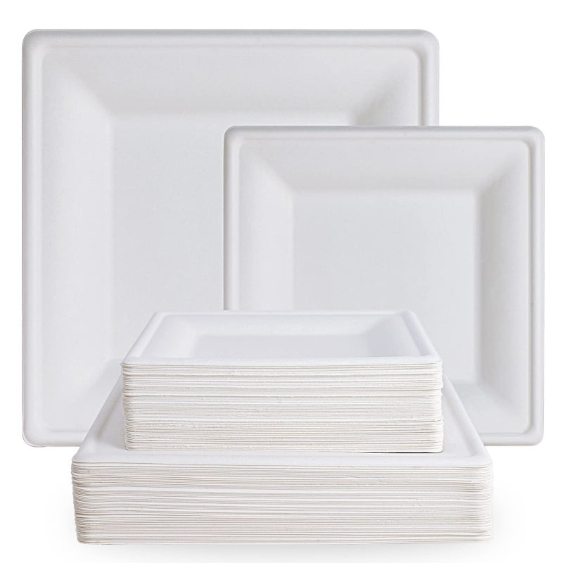ECOLipak 120 Pack Compostable Paper Plates 10 inch and 8 inch Heavy Duty Eco friendly Sugarcane Biodegradable Disposable Square Plates for Party Dinner Birthday