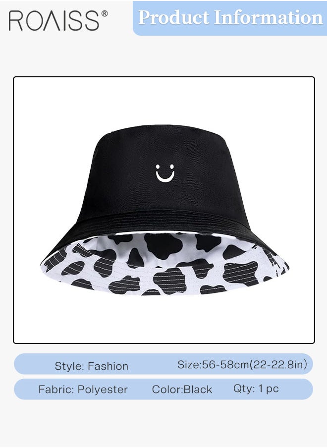 roaiss - 1 Pc Cow Print Bucket Hats Smiley Face Fisherman Hats for Men Women Beach Sun Hats Double-side-wear Reversible Fisherman Cap for Summer Travel Black, White - Image 1