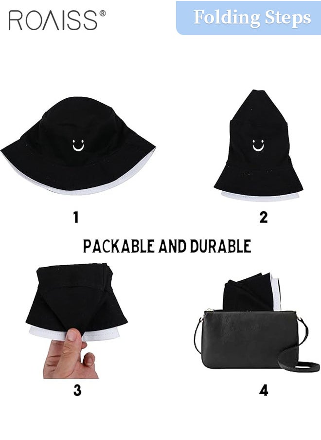 roaiss - 1 Pc Cow Print Bucket Hats Smiley Face Fisherman Hats for Men Women Beach Sun Hats Double-side-wear Reversible Fisherman Cap for Summer Travel Black, White - Image 1