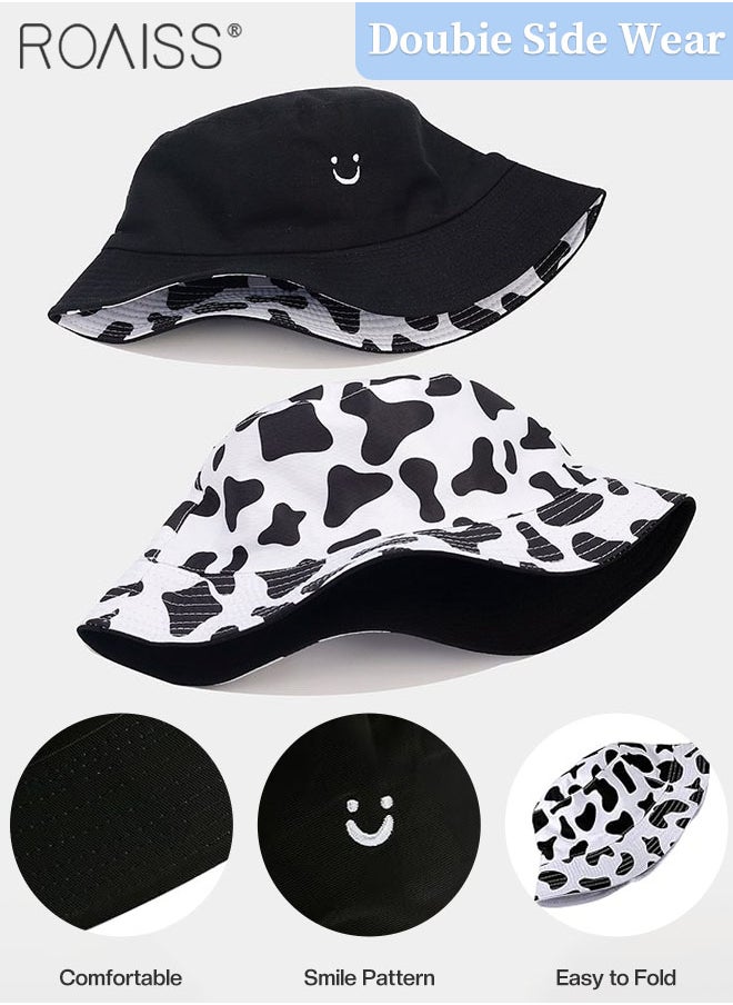 roaiss - 1 Pc Cow Print Bucket Hats Smiley Face Fisherman Hats for Men Women Beach Sun Hats Double-side-wear Reversible Fisherman Cap for Summer Travel Black, White - Image 1