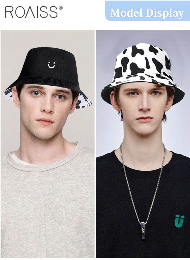 roaiss - 1 Pc Cow Print Bucket Hats Smiley Face Fisherman Hats for Men Women Beach Sun Hats Double-side-wear Reversible Fisherman Cap for Summer Travel Black, White - Image 1