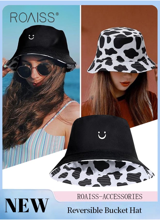 roaiss - 1 Pc Cow Print Bucket Hats Smiley Face Fisherman Hats for Men Women Beach Sun Hats Double-side-wear Reversible Fisherman Cap for Summer Travel Black, White - Image 1