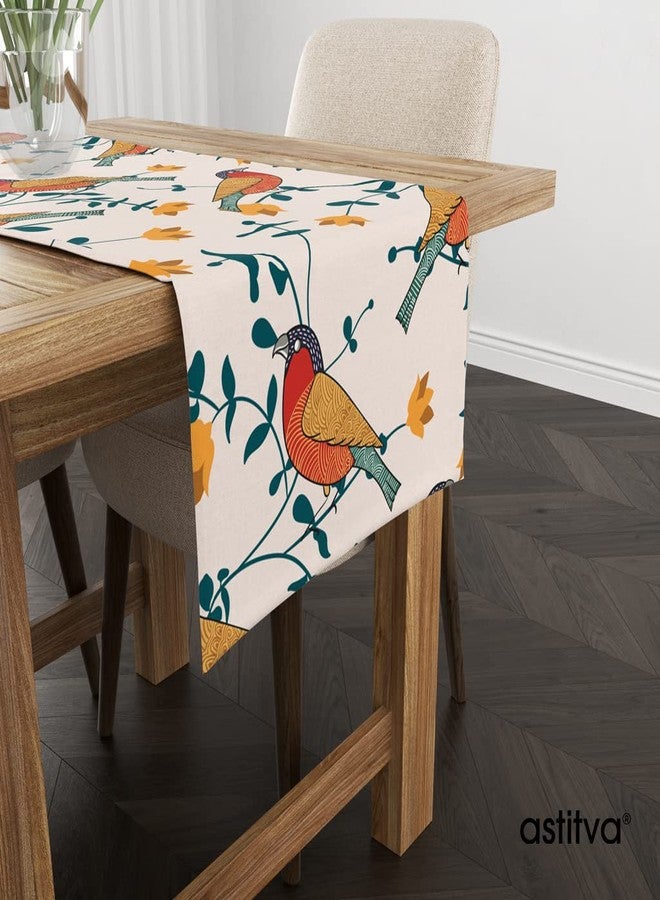 Astitva Cotton Table Runner - 13 x 72 Inches | 6-8 Seater Washable Dining Table, Centre Table, Wedding & Party Decor - Birds Land Print, Multicolor - Image 3