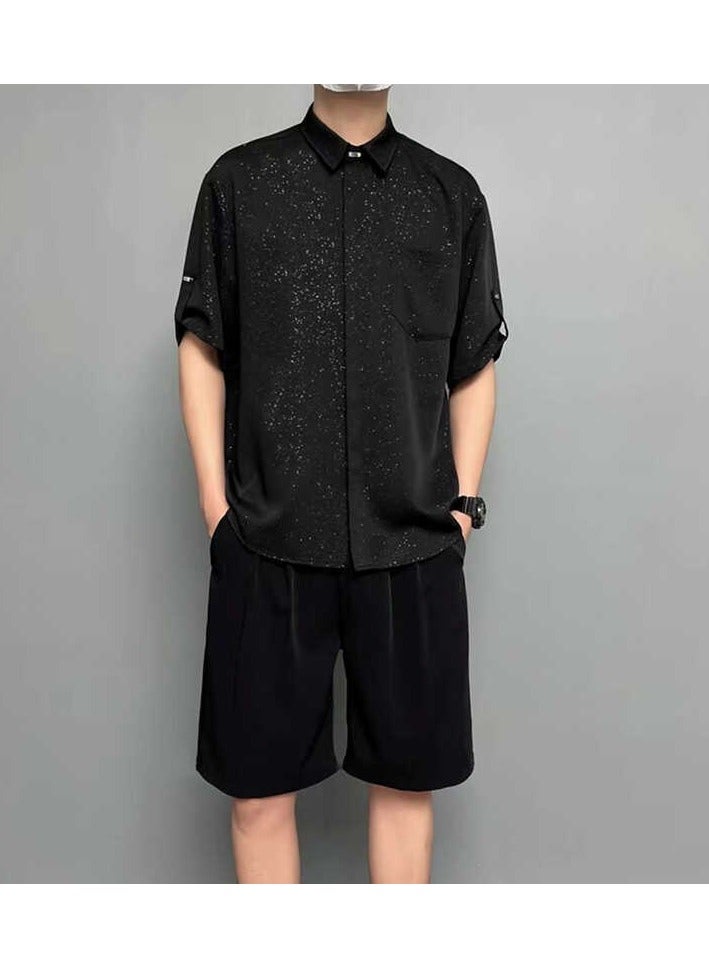 Shougu Starry Sky Ice Silk Shirt Velcro Ice Silk Shorts Two Piece Set Fashionable And Versatile - Image 1