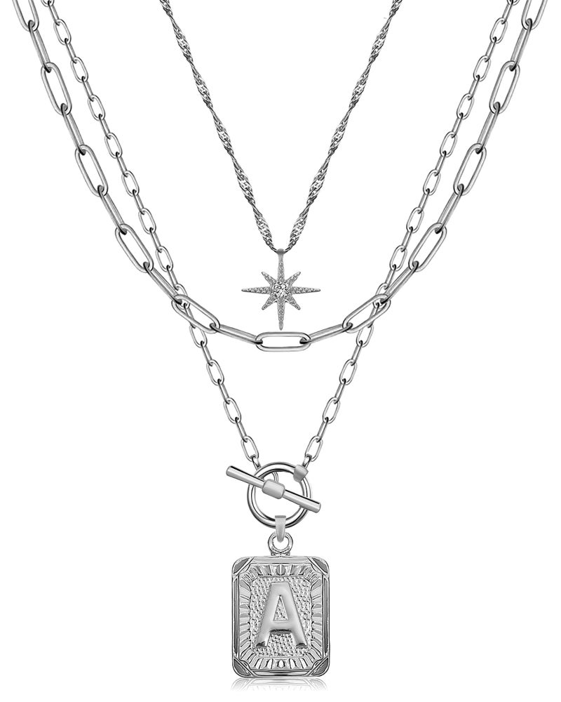 MJartoria Layered Initial Necklaces for Women Trendy, 14K Gold Plated Simple Star Choker Square Letter Pendant Necklace, Paperclip Chain Necklace, Gold Necklaces Jewelry Gifts (Silver, A.) - Image 1