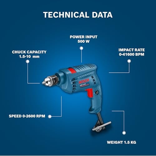 BOSCH GSB 10 RE Corded-Electric Tool Kit | 100-piece Tools Box Kit | Power Supply 500W | Impact Drill Machine | Impact Rate upto 41600 BPM | Speed upto 2600 RPM | 1 Yr Warranty - Image 4