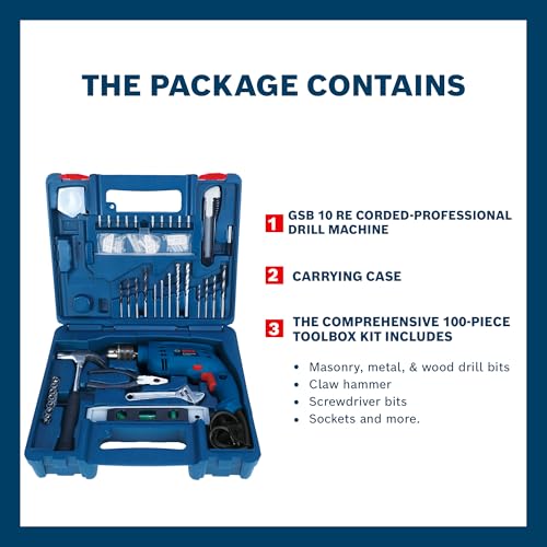 BOSCH GSB 10 RE Corded-Electric Tool Kit | 100-piece Tools Box Kit | Power Supply 500W | Impact Drill Machine | Impact Rate upto 41600 BPM | Speed upto 2600 RPM | 1 Yr Warranty - Image 2