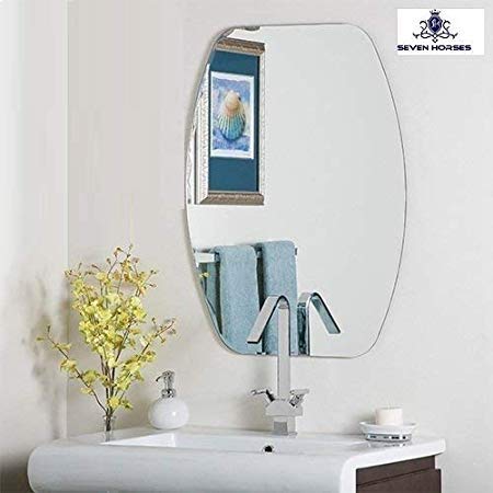 SEVEN HORSES Frameless DShape Bevelled Glass Wall Mirror for Dressing Bedroom Bathroom Living Room White 14 X 20 inches - Image 2