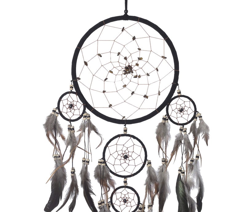 أوما Oma Dream Catcher - جلد الغزال الأسود مع Tiger Eye Stone Traditions Dream Catcher Decor - Image 3
