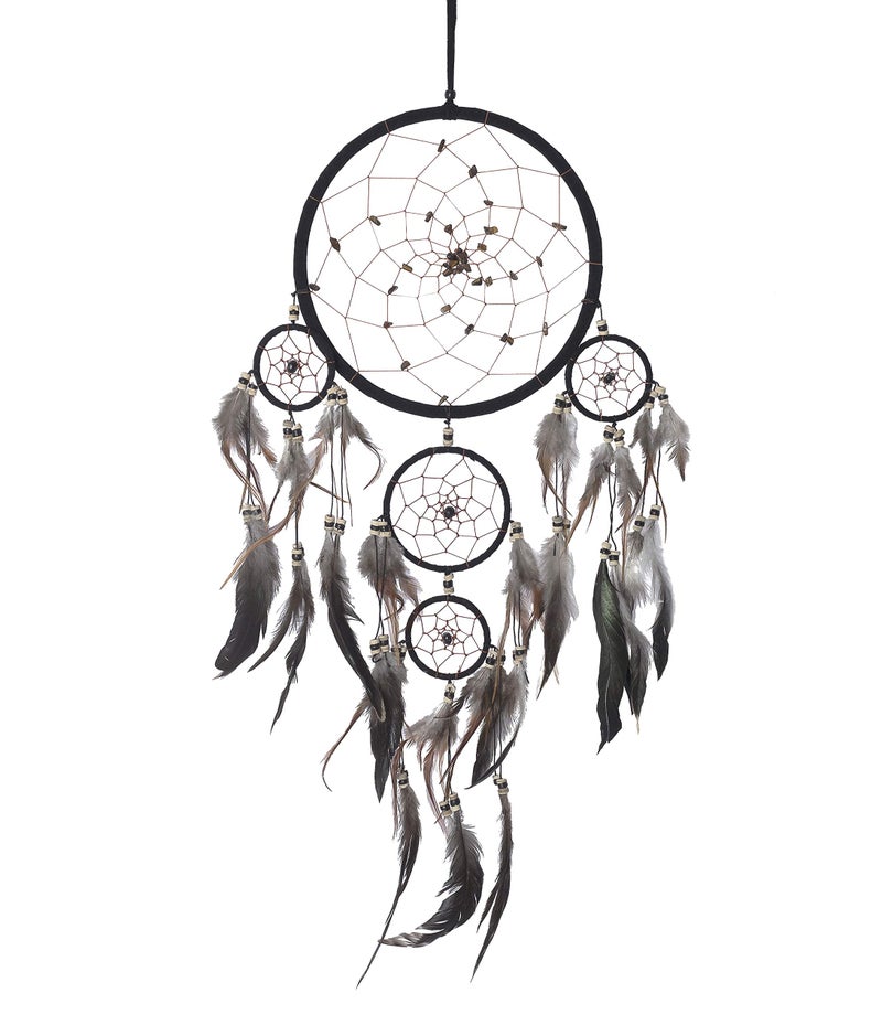 أوما Oma Dream Catcher - جلد الغزال الأسود مع Tiger Eye Stone Traditions Dream Catcher Decor - Image 1