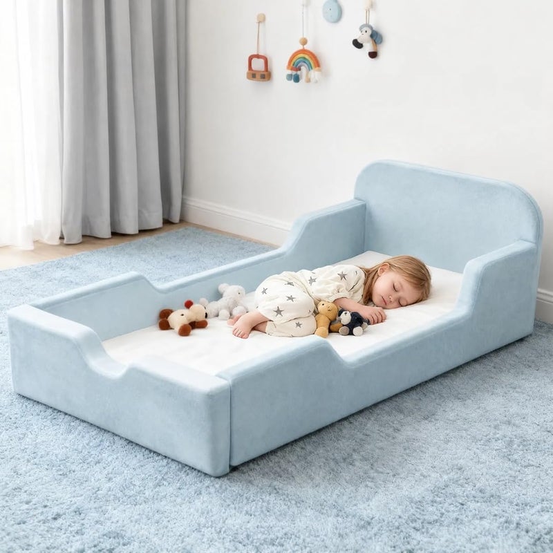 Soft Foam Toddler Bed with Medical Mattress - Light Blue Upholstered Kids Floor Bed - Image 1
