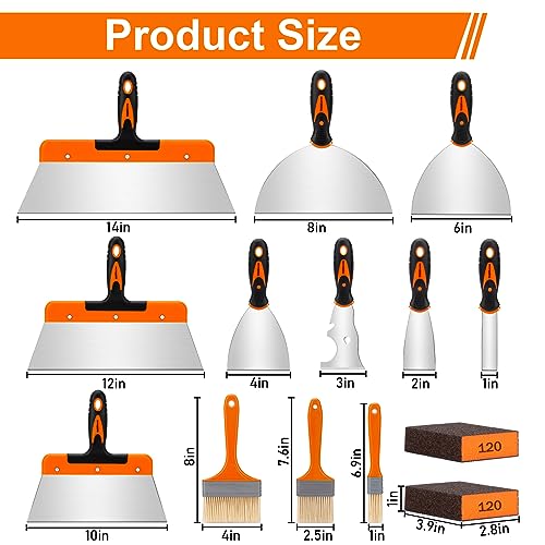 THINKWORK Putty Knife Set - 14Pcs Stainless Steel Paint Scraper Tools, Drywall Knife Set for Removing Wallpaper, Repairing Drywall, Applying Putty, Taping, Scraping Plaster, Cement, Adhesive - Image 2