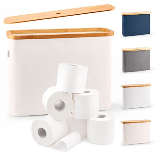 LONBET Toilet Paper Storage for 12 Rolls Stackable  Foldable  The Ultimate Bathroom Organizer  Waterproof Basket with Bamboo Lid  Elegant Toilet Paper Storage Holder Beige